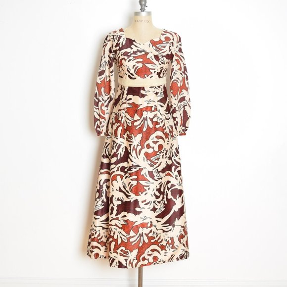 vintage 60s dress graphic print long hostess maxi gown empire waist XS African - Picture 1 of 8